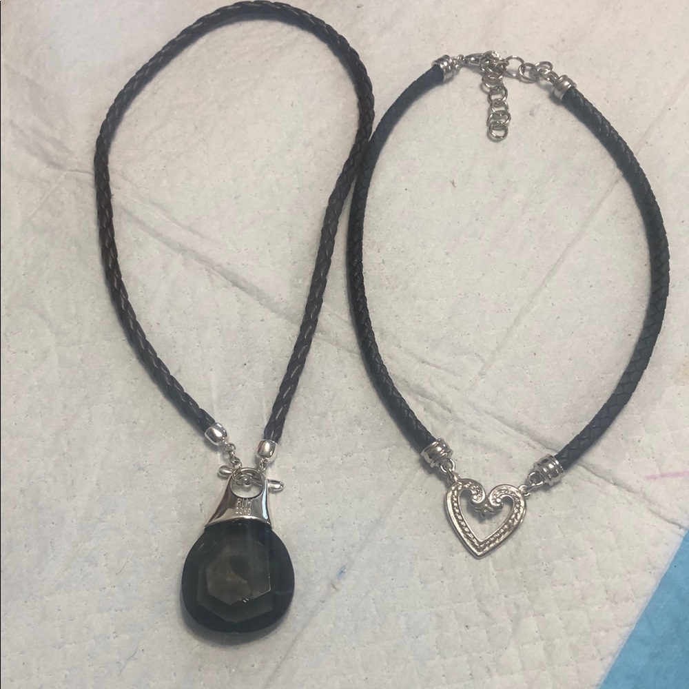 Black Braided Cord Necklace & Heart Choker Set with Silver Accents
